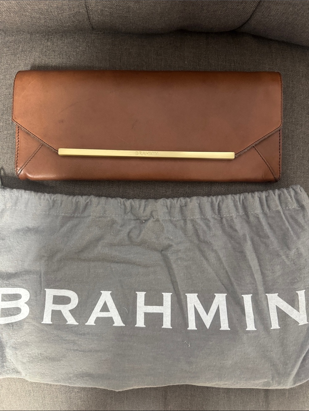 Brahmin Chestnut Leather Envelope Clutch with Gold Bar
